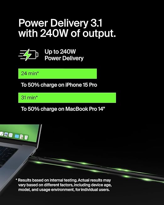 Belkin Connect USB4 Cable (6.6ft/2M Power Cable), USB-C to USB-C Cable w/ 240W Power Delivery + 20Gbps - USB4 Compliant Power Cable, Compatible with MacBook, Windows, Chromebook, & More