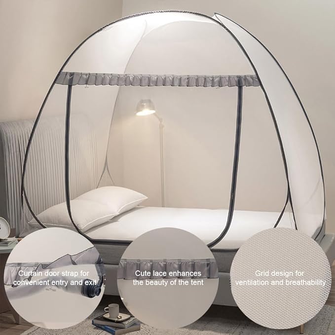 Mengersi Mosquito Net Pop Up Tent for Bed,Bed Canopy with Net Bottom,Mosquito Netting Bed Tent,Bed,Suit for Indoor Outdoor,Camping Tent,Insect Screen(Full/Queen, Gray)