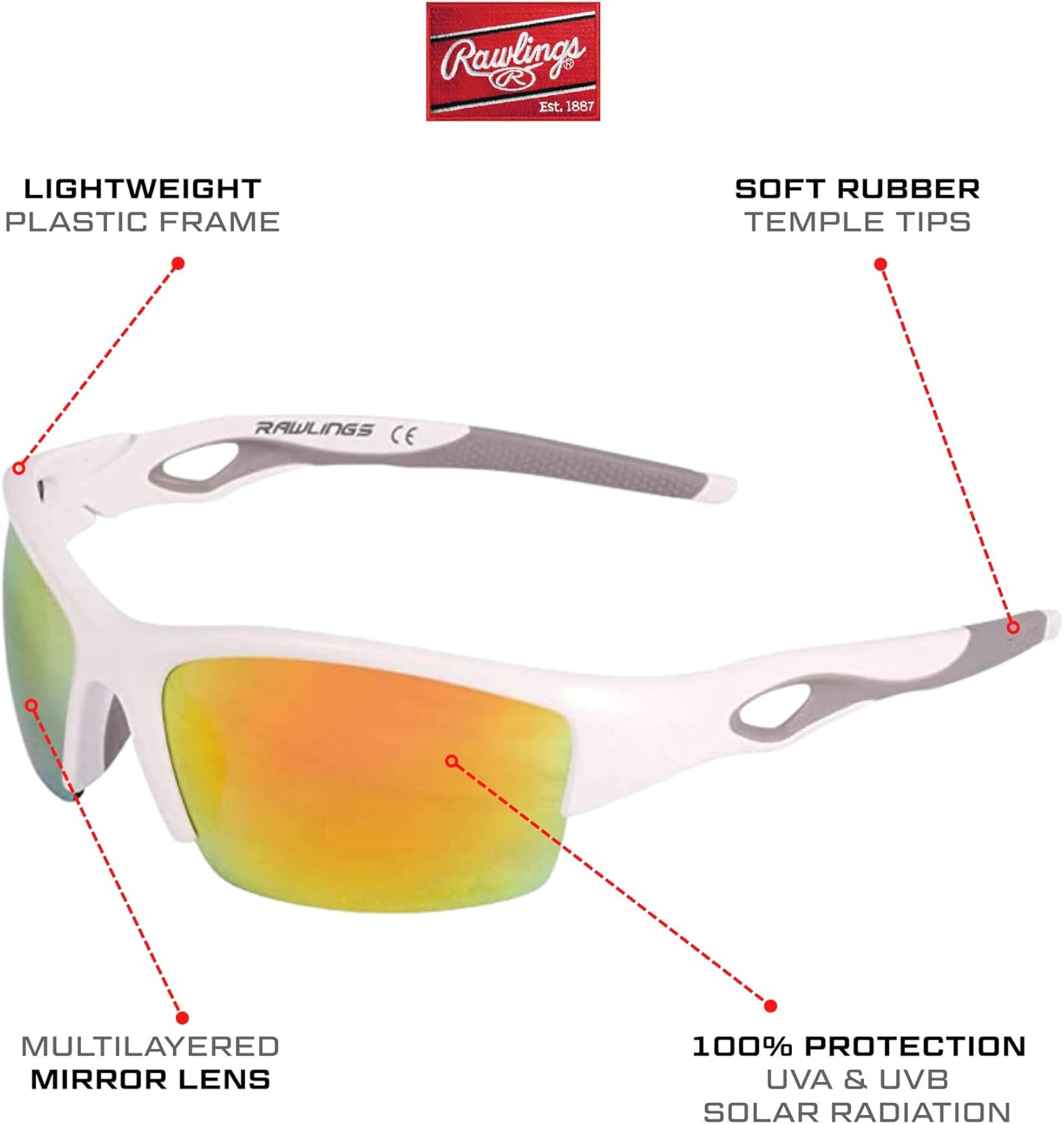Rawlings Youth Sport Baseball Sunglasses, Lightweight Stylish Shield Lens, 100% UV Poly Lens, Secure Fit, Superior Clarity - White/Orange