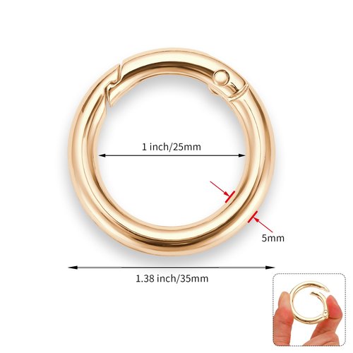 Gkeygo Key Ring Clip, 1 Inch Keychain Rings, 8 Pack Round Carabiner Clip for Keys, Buckle, Bags, Purses - Key Chain Hooks Replacement Keychains Lanyard DIY Crafts, Light Gold