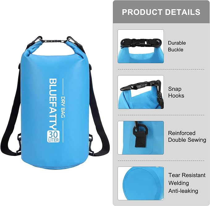 Waterproof Dry Bag Floating Roll Top Waterproof Backpack for Kayaking, Rafting, Boating, SUP, Fishing with IPX8 Waterproof Phone Case, Blue, 30L