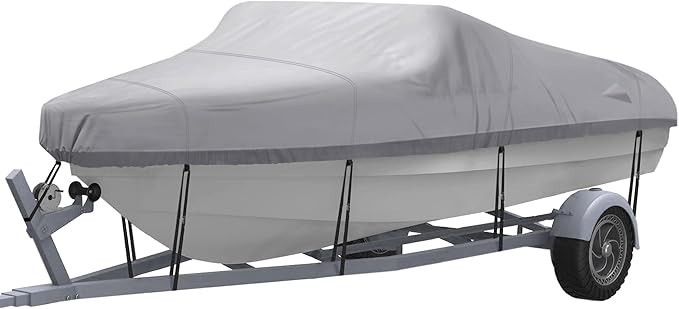 NEXCOVER Trailerable Boat Cover, Length: 17’-19’ Beam Width: up to 96”, Waterproof Heavy Duty Cover, Fits V-Hull, TRI-Hull, Runabout, Pro-Style, Bass Boat, Storage Bag & Tightening Straps Included.