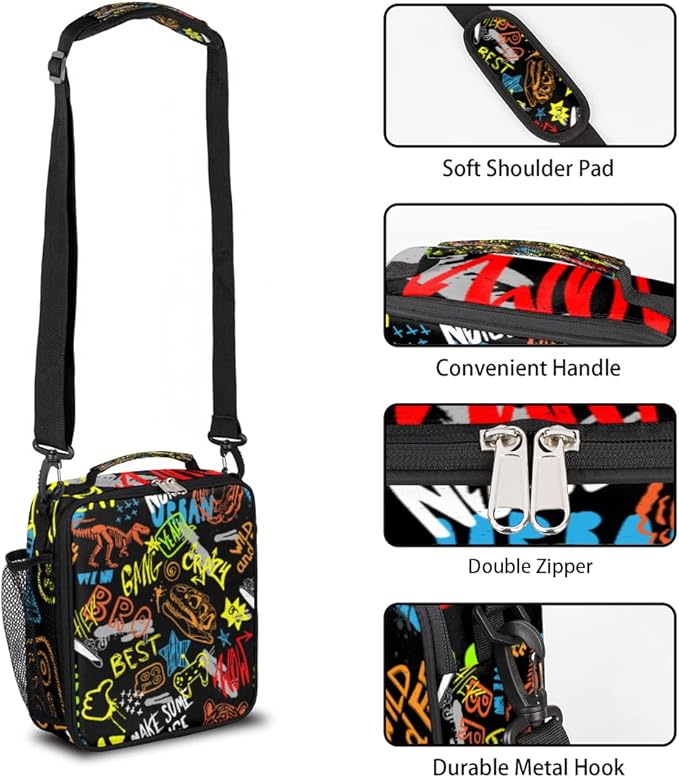 cfpolar Dinosaur Lunch Box for Boys Game Insulated Lunch Bags Reusable Mini Cooler Lunch Tote Mens Lunchbox Thermal Meal Tote Kit with Shoulder Strap for Work School Picnic