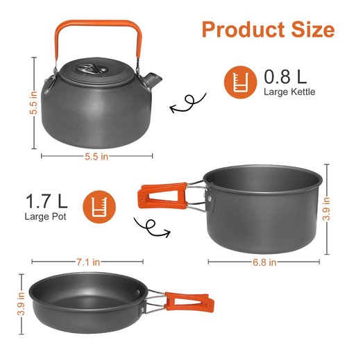 LSOSVSEU 15pcs Camping Cookware, 1.7L Pot, 7inches Pan, 0.8L Kettle Set with Plates Stainless Steel Forks Knives Spoons Camping Cookware Mess Kit for Hiking,Camping,Backpacking,Outdoor Cooking
