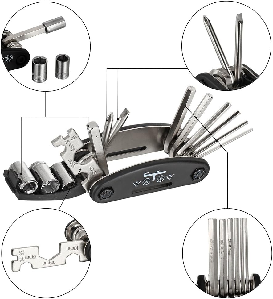 WOTOW Bike Repair Tool Kit - 16 in 1 Bicycle Multitool Portable Mountain Bike Tool Cycling Maintenance, Bike Hex Key Wrench & Bike Tube Patch Kit & Tire Lever & Hard Carrying Case (16 in 1)
