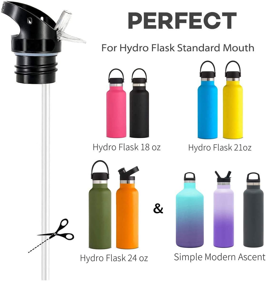 Straw Lid for Hydro Flask Standard Mouth - Multi-Compatible with Simple Modern Ascent Lid for 1.91" Mouth 18 oz, 21 oz, 24 oz Insulated Water Bottle Flip Top