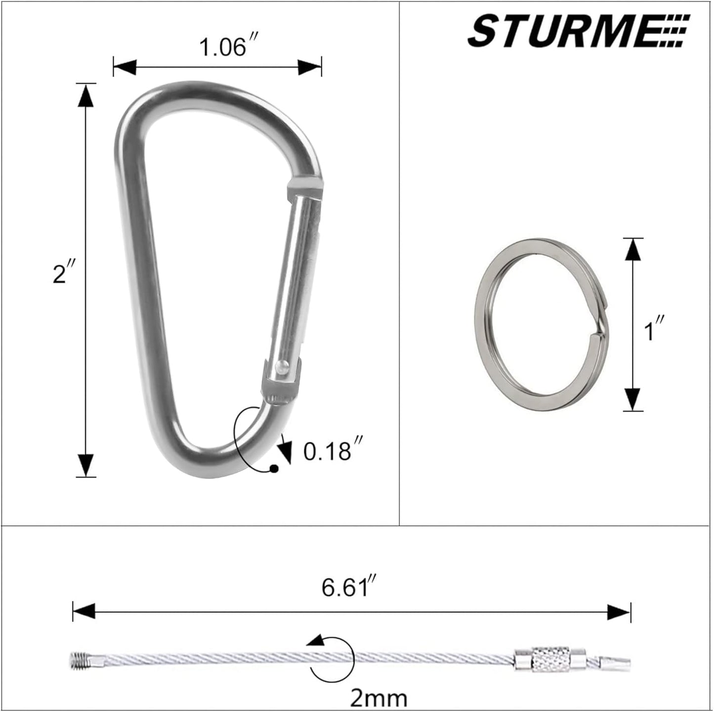 STURME 2" Aluminum D Ring Carabiners Clip D Shape Spring Loaded Gate Small Keychain Carabiner Clip Set Outdoor Camping Mini Lock Snap Hooks Spring Link Key Chain Durable Improved 24 PCS