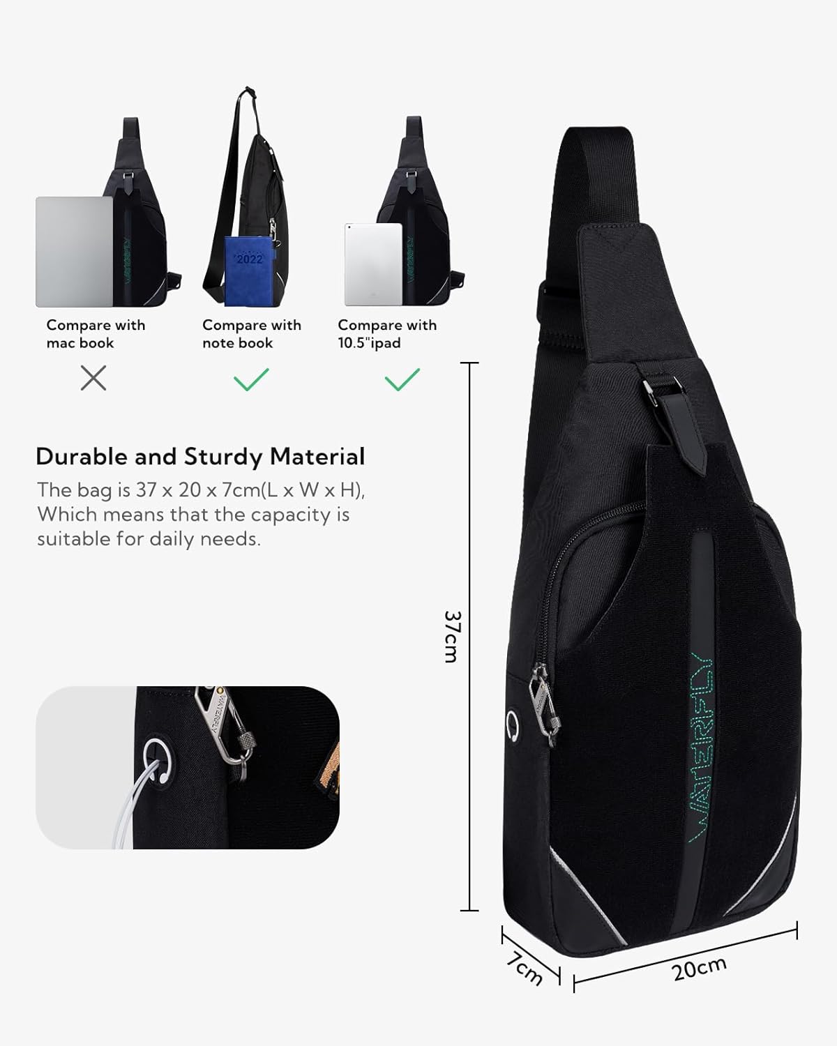 WATERFLY Small Crossbody Sling Backpack Anti Theft Backpack for Traveling Chest Bags for Men&Women Multipurpose Casual Daypack Hiking Shoulder Bag (Black)