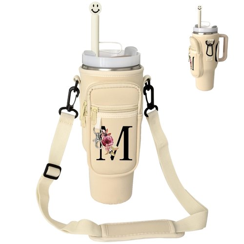 BERITNI Water Bottle Holder with Adjustable Strap Compatible for Stanley 40oz Tumbler with Handle, Initial M Water Bottle Carrier Bag with Phone Pocket for Stanley Cup Accessories