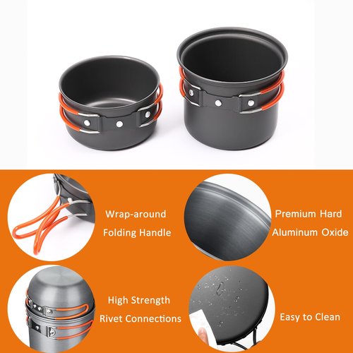 Quirkmyn 3PCS Camping Cookware Mess Kit with Lightweight Pot Mini Camp Stove and Carry Mesh Bag, Great for Backpacking Outdoor Camping, Hiking, Campfire and Picnic(Orange)