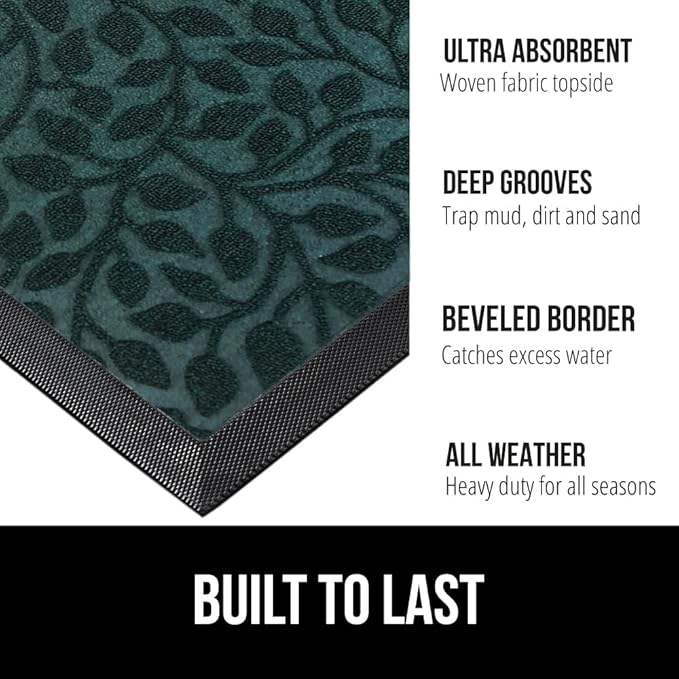 GORILLA GRIP 100% Waterproof All-Season WeatherMax Doormat, 23x35, Durable Natural Rubber, Stain and Fade Resistant, Low Profile, Indoor Outdoor Doormats, Easy Clean Patio Entry Mat, Moss Vine Leaves
