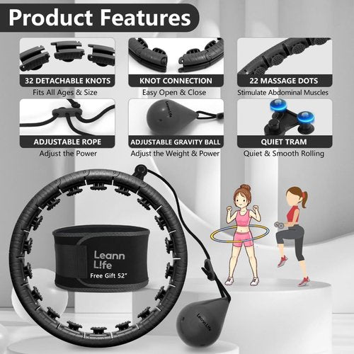 Leann L!fe 32 Knots 19”- 65”, Magnetic Lock Smart Weighted Hula Hoop for Kids & Adults Weight Loss, Infinity Hoop Plus Size, Fitness Exercise, Abdominal Toner, Black-Black Ball
