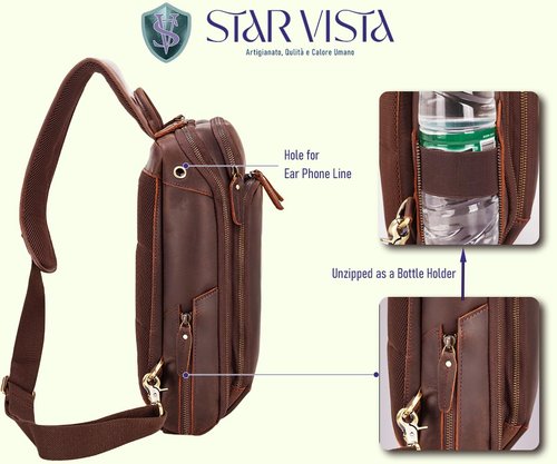 STAR VISTA Caracalla Full Grain Leather Sling Bag, Crossbody Chest Bag, Minimalist Design, Casual Daypack, YKK Zippers (Small (11" Tablet))