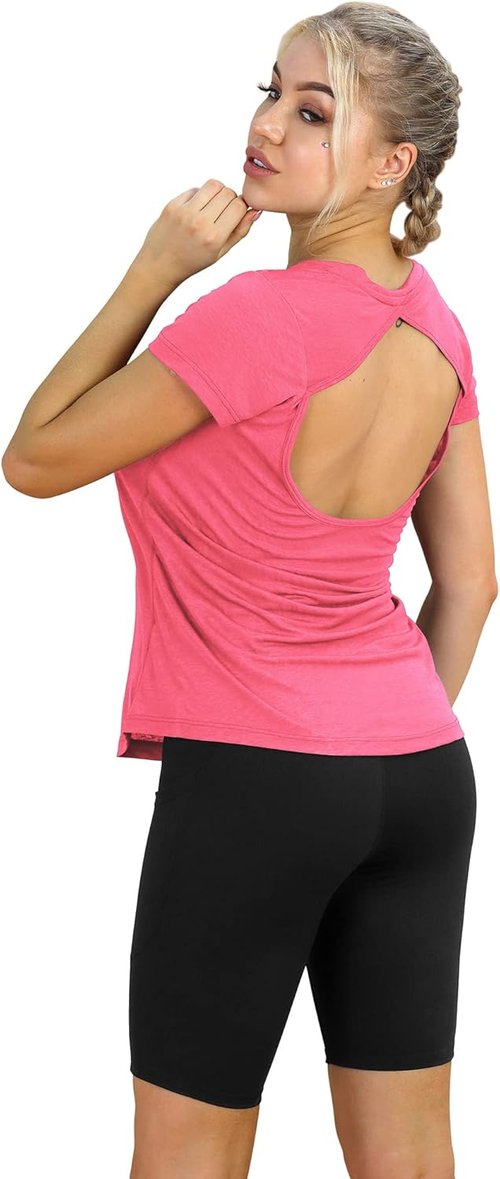 icyzone Open Back Workout T-Shirts for Women - Running Gym Shirts Yoga Tops Exercise Short Sleeves
