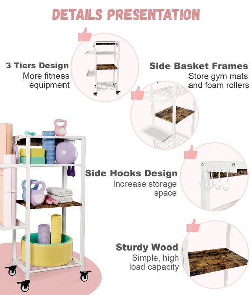 Ardier Yoga Mat Storage Rack with Wheels, 3 Tier Home Gym Workout Equipment Organizer for Dumbbells, Kettlebells, Foam Rollers