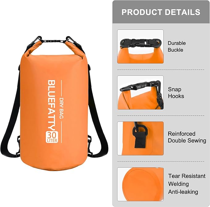 Waterproof Dry Bag Floating Roll Top Dry Backpack for Kayaking, Rafting, Boating, SUP, Fishing with IPX8 Waterproof Phone Case, Orange, 30L