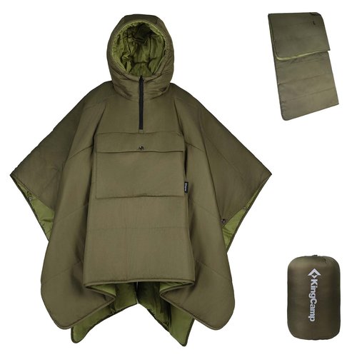 KingCamp Camping Blanket Poncho, Wearable Honcho Hoodie Reversible Cape Windproof Water-Repellent Recycled Poncho with Snap Buttons for Outdoor Camping Hiking Stadium Travel (Green, 66" x 48")