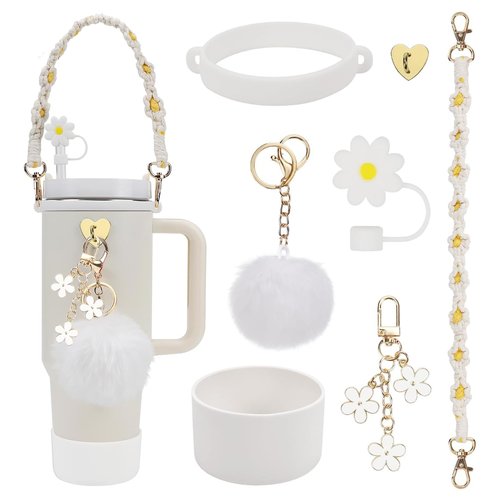 Gestarich 7PCS Stanley Cup Accessories, White Silicone Tumbler Accessories for 30/40oz Stanley Tumbler, Including Straw Cover, Boot, Hand Strap, 4 Pcs Charms