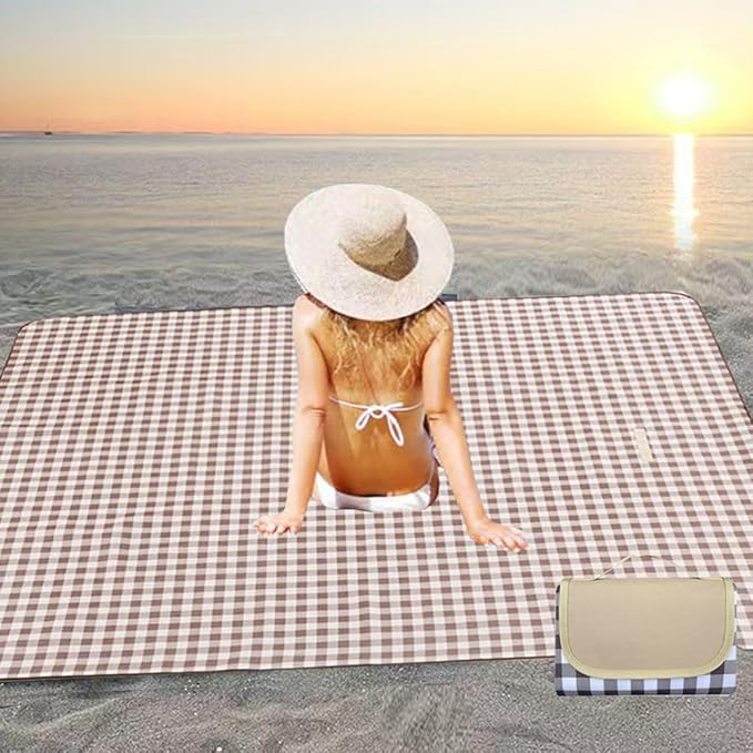 Outdoor Picnic Blanket, Foldable Waterproof Sand Beach Mat,Large 80x60in Beach Camping Hiking Travel Family Concerts Portable Beach Blankets (Brown)
