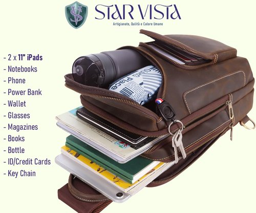 STAR VISTA Triton Vintage Full Grain Leather Sling Bag, Crossbody Chest Daypack, Multi Pockets Backpack, Casual Outdoor Hiking Rucksack, YKK Zippers