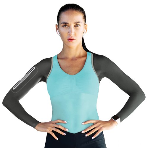 Amphipod Unisex ArmPod Run Sleeves, Reflective Runners’ Wearable Storage for Running, Jogging & Training - Charcoal/Silver - (L/XL)