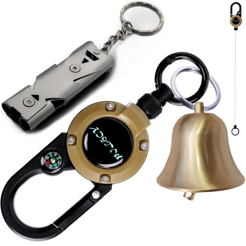 PILHCY Loud Bear Bell with Whistle Set for Hikers, 3 in 1 Bear Bell with EDC Multifunction Retractable Keychain and Emergency Whistle for Survival, Hiking, Camping, Climbing