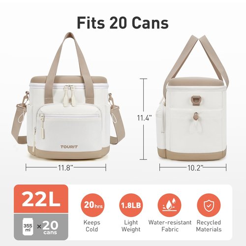 TOURIT Insulated Cooler Bag: 20 Cans Soft Portable Leakproof Lunch Cooler Beach Travel Picnic Camping Black
