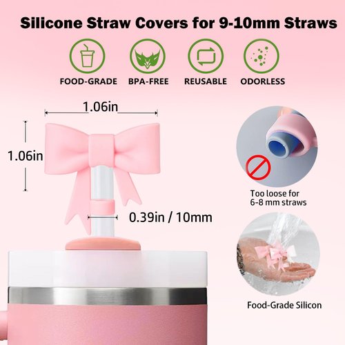LUHOHI Pink Bow for Stanley Straw Topper- 3pcs Cute Cup Bow Straw Cover Silicone Cap 10mm with 2pcs Initial Letter Charms Name Id Personalized Accessories 40/30 Oz Tumbler Water Bottle Cups A