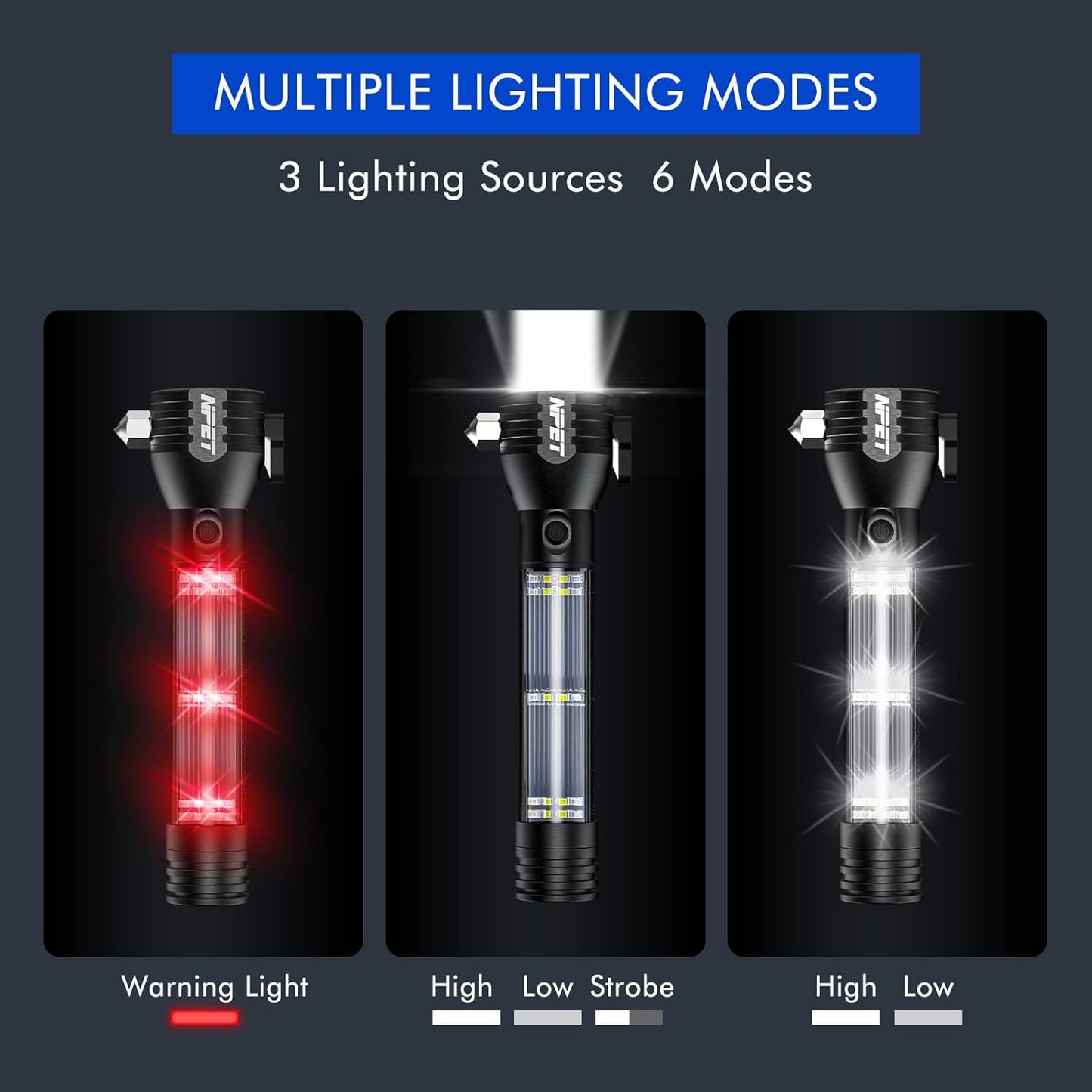 NPET T10 Car Flashlight 500 Lumens LED COB Light Solar Powered USB Rechargeable Tactical Multi-Function Torch Tool with 120dB Siren Window Breaker Seat Belt Cutter Compass for Camping