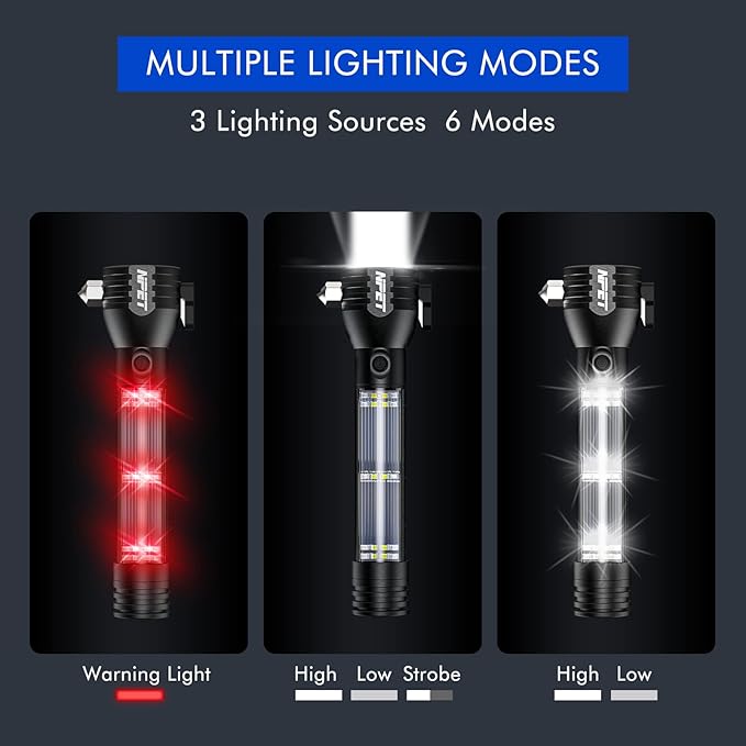 NPET T09 Solar Flashlight Car Flashlight 268 Lumens LED COB Light USB Rechargeable Tactical Multi-Function Torch Tool with Window Breaker Seat Belt Cutter Compass