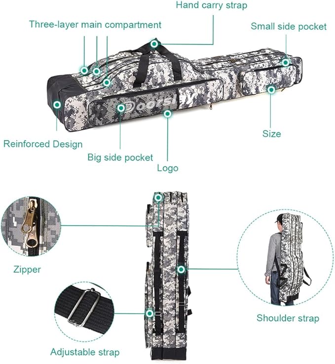 doorlay Fishing Bag Portable Folding Fishing Tackle Storage Bags Oxford Fishing Rod Case Fishing Pole Bag Carry Organizer Outdoor Waterproof for Fishing Camping Hiking Traveling