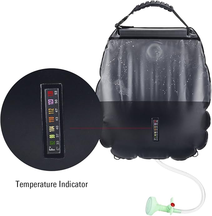 Solar Shower Bag, RISEPRO 5 gallons/20L Solar Heating Premium Camping Shower Bag Hot Water with Temperature 45°C Removable Hose on/Off Switchable Shower Head Hiking Climbing Summer Shower K8