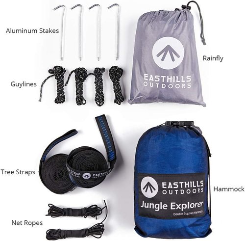 Easthills Outdoors Jungle Explorer 118" x 79" Double Camping Hammock Lightweight Rip-Stop Parachute Nylon 2 Person Hammocks with Removable Bug Net, Tree Straps and Tarp Blue