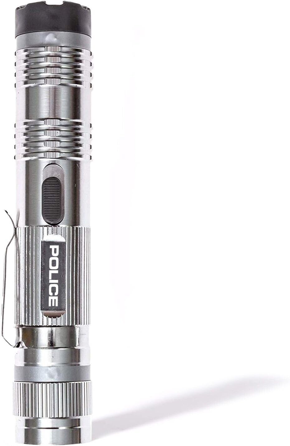 POLICE Stun Gun for Self Defense – M12 Aluminum High Voltage Mini Rechargeable with LED Flashlight, Compact & Heavy Duty – Personal Security for Women & Men – Grey
