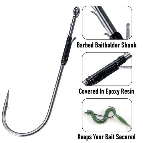 Dr.Fish 30 Pack Worm Hooks Round Bend Straight Shank with Baitholder, Heavy Cover Hooks for Bass Fishing, Flipping Punching & Pitching Texas Drop Shot Neko Rig Freshwater #4/0