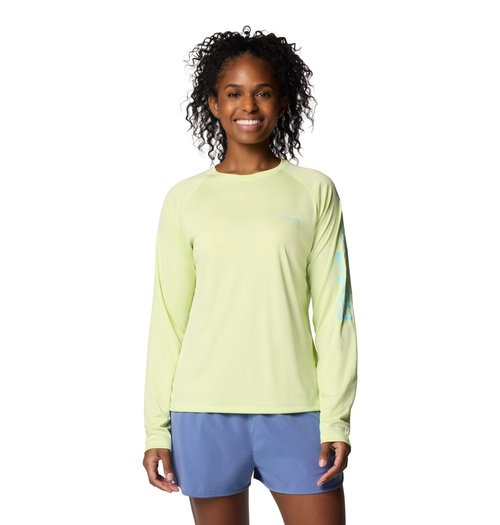 Columbia Womens PFG Tidal Tee II Long Sleeve Sun Protection Shirt, Spring Yellow/Gulf Stream Logo, Medium