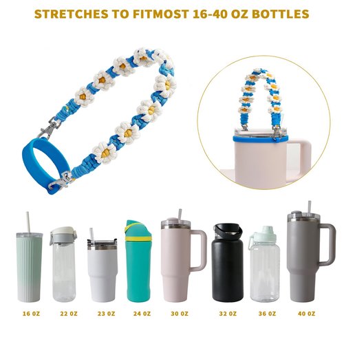 Wohoyee Water Bottle Handle Strap with Lipstick Holder, Silicone Straw Covers, Mini Cup Keychain Compatible with Flask & Stanley Cup Fits Most 16-40oz Water Bottle (Blue)
