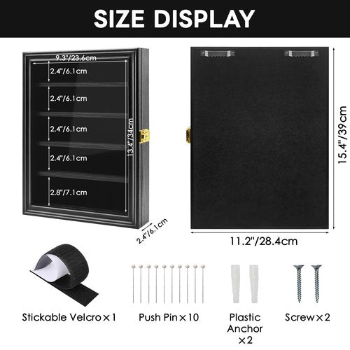 PiaoHao Medals Display Case Wall Frame for Collector, Military Challenge Coins Holder, Pins, Lockable Shadow Box with Removable Shelves, Black