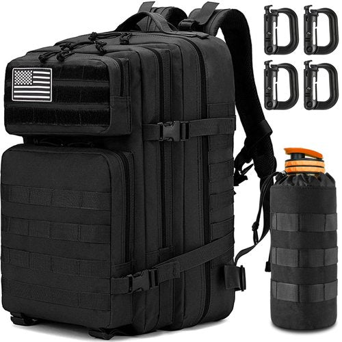 MUCHER 45L Military Tactical Backpack For Men with Bottle Holder and 4 Carabiners Molle Backpack EDC Large 3Day Army Rucksack (Black)
