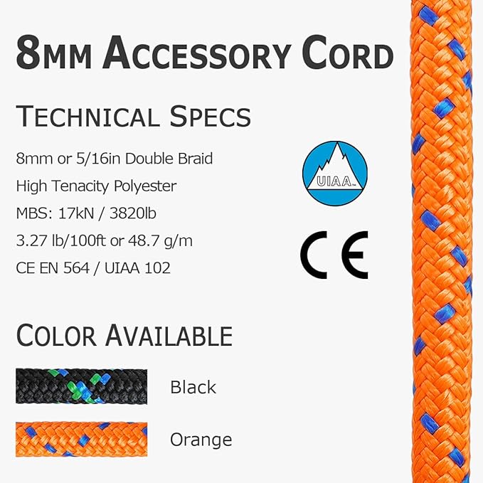 GM CLIMBING 8mm (5/16in) Accessory Cord Rope Double Braid Pre Cut CE/UIAA