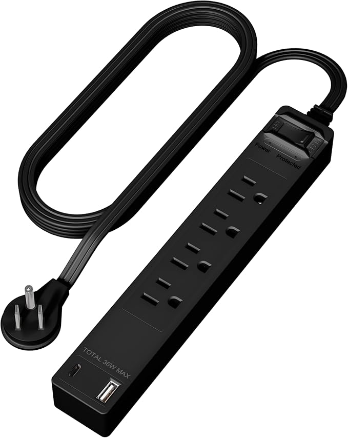 LIDER PD 36W Surge Protected Outlet Extender with 4-Outlet Power Strip, 1 USB Type-A and 1 Type-C Port, 5ft, Up to 1500J, LED Indicator, ON/Off Switch, Flat-Plug, 45-Degree Angle, UL-Listed, Black