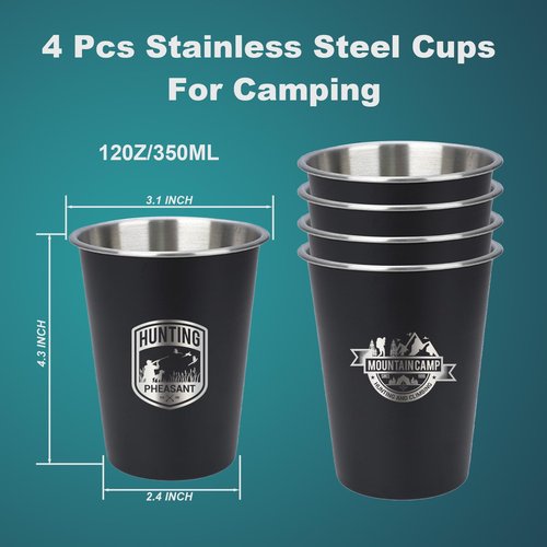 TNYAMI 4pcs Camping Cup - Hunting Theme 12oz Stainless Steel Camping Mug for Outdoor Picnic Hiking Fishing Tumbler
