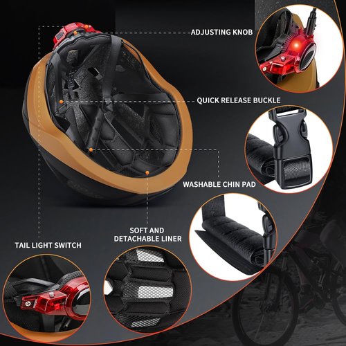Bike Helmet with Tail Light, Bicycle Helmet Light 100LM Rear LED Safety Warning Helmet Lights for Night Riding, Rechargeable E-Bike/Skateboard/Scooter Helmet Lights, Adult Lightweight Cycling Helmets