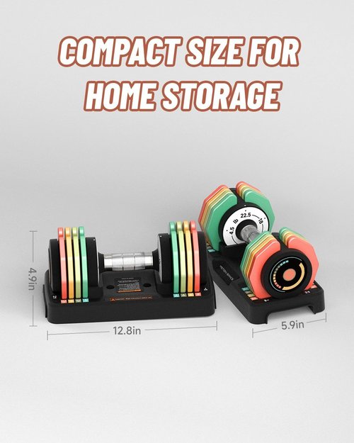Adjustable Dumbbells Set 12.5LB/22.5LB Pair, 1-Sec Fast Adjustable 5 Weights by Turning Handle, Premium Comfort Non-slip Metal Dumbbells with Tray, Compact Size for Full Body Home Workout (Rainbow-Pair-22.5lbs)