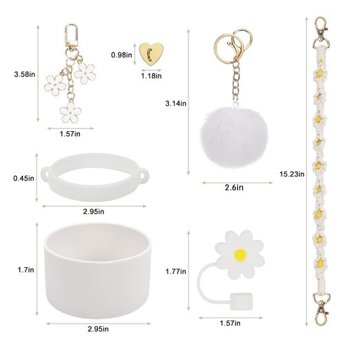 Stanley Cup Accessories Set - 7 Piece Collection: Water Bottle Handle, Silicone Boot, Straw Cover, Charms for 40/30 oz Tumbler (White)
