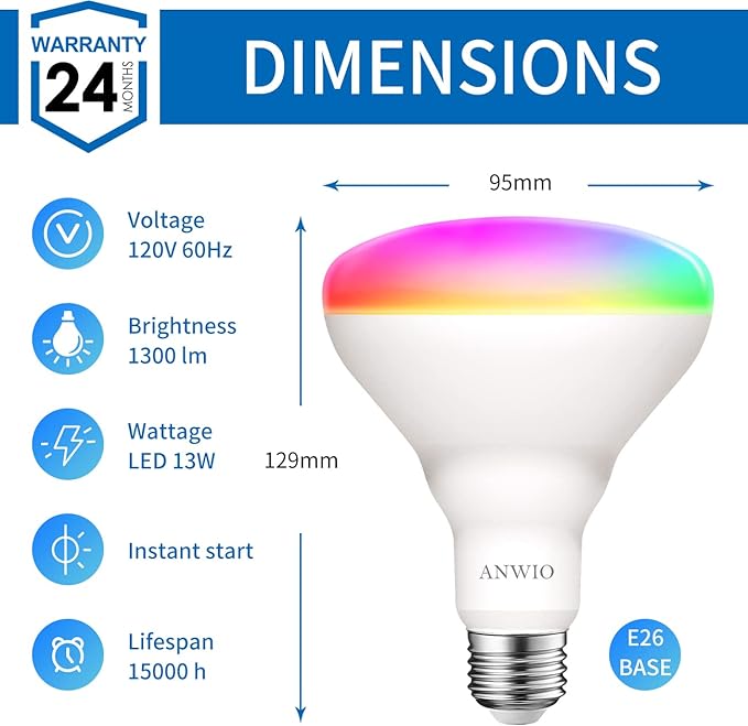 ANWIO Smart Light Bulb BR30 RGB Color Changing LED WiFi Dimmable Multicolor Light Bulbs E26 Base, Compatible with Alexa, Google Assistant, No Hub Required, 1300 Lumen 13W (100W Equivalent) 2 Pack
