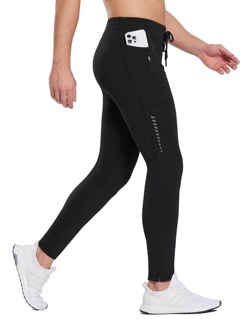 baleaf Men's Thermal Running Tights Winter Cycling Pants Fleece Lined Compression Leggings Zipper Pockets Cold Weather Gear Black XXL