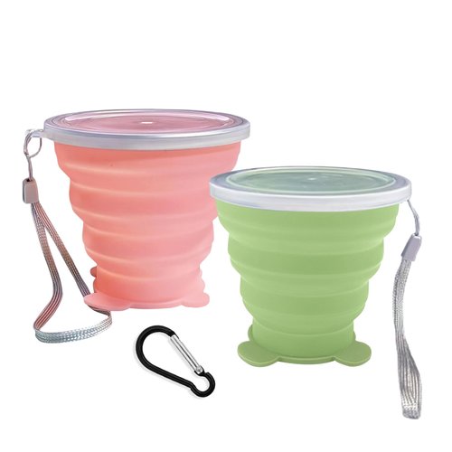 Collapsible Cup-Silicone Small Foldable Cups-Expandable Folding Drinking Cups-Reusable Portable Mugs-Cup with Lids For Travel, Camping, Hiking, Holiday, Outdoor Sports, Indoors (Pink+Green)