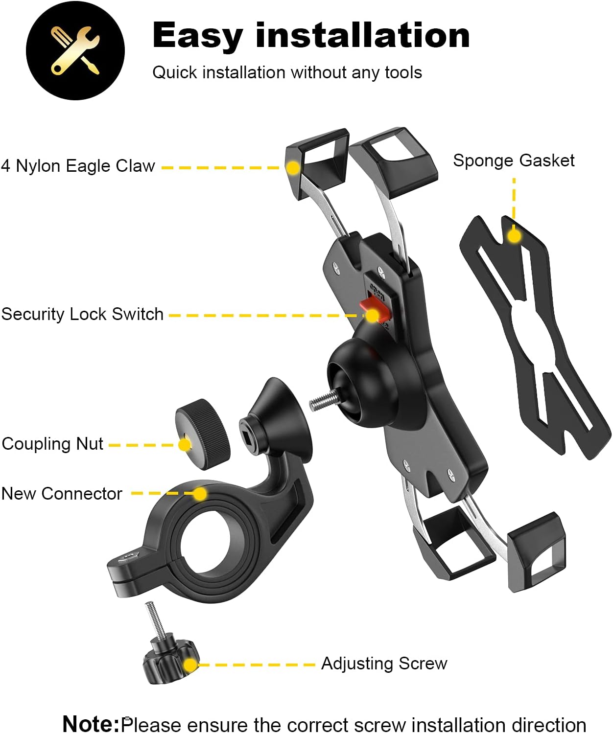New Bike Phone Mount with Stainless Steel Clamp Arms Anti Shake and Stable 360° Rotation Bike Accessories/Bike Phone Holder for Any Smartphones GPS Other Devices Between 4 and 7 inches