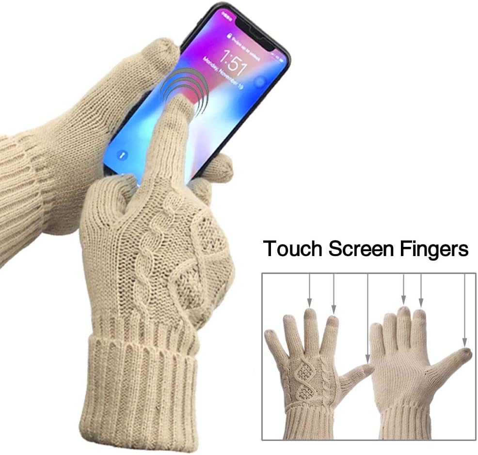 Winter Hat Gloves Scarf Set for Women, Cable Knit Beanie Pom Cap Touch Screen Glove Long Scarf 3PCS Winter Gift for Women Men